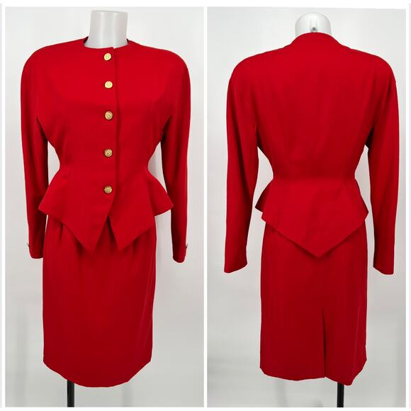 Vintage Harrison Kent Skirt Suit Womens 2 Red Gold-tone Crested Button 2 pc READ - Picture 1 of 14